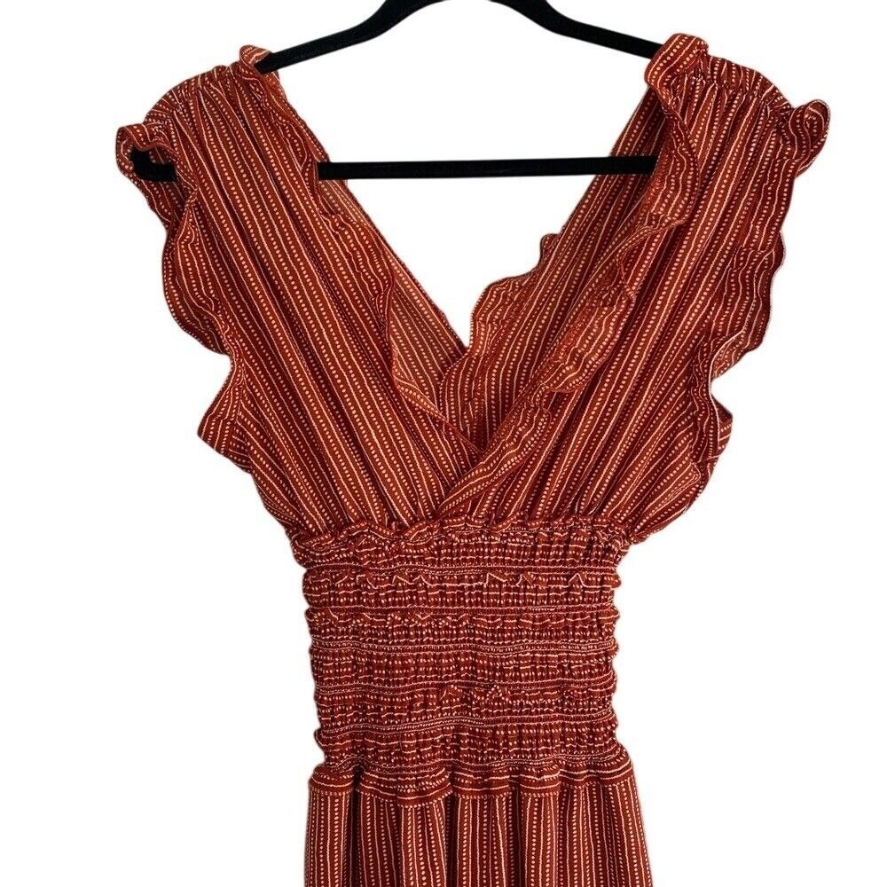 Max Studio Striped Jumpsuit Smocked Waist Ruffle V Neck Sleeveless Small